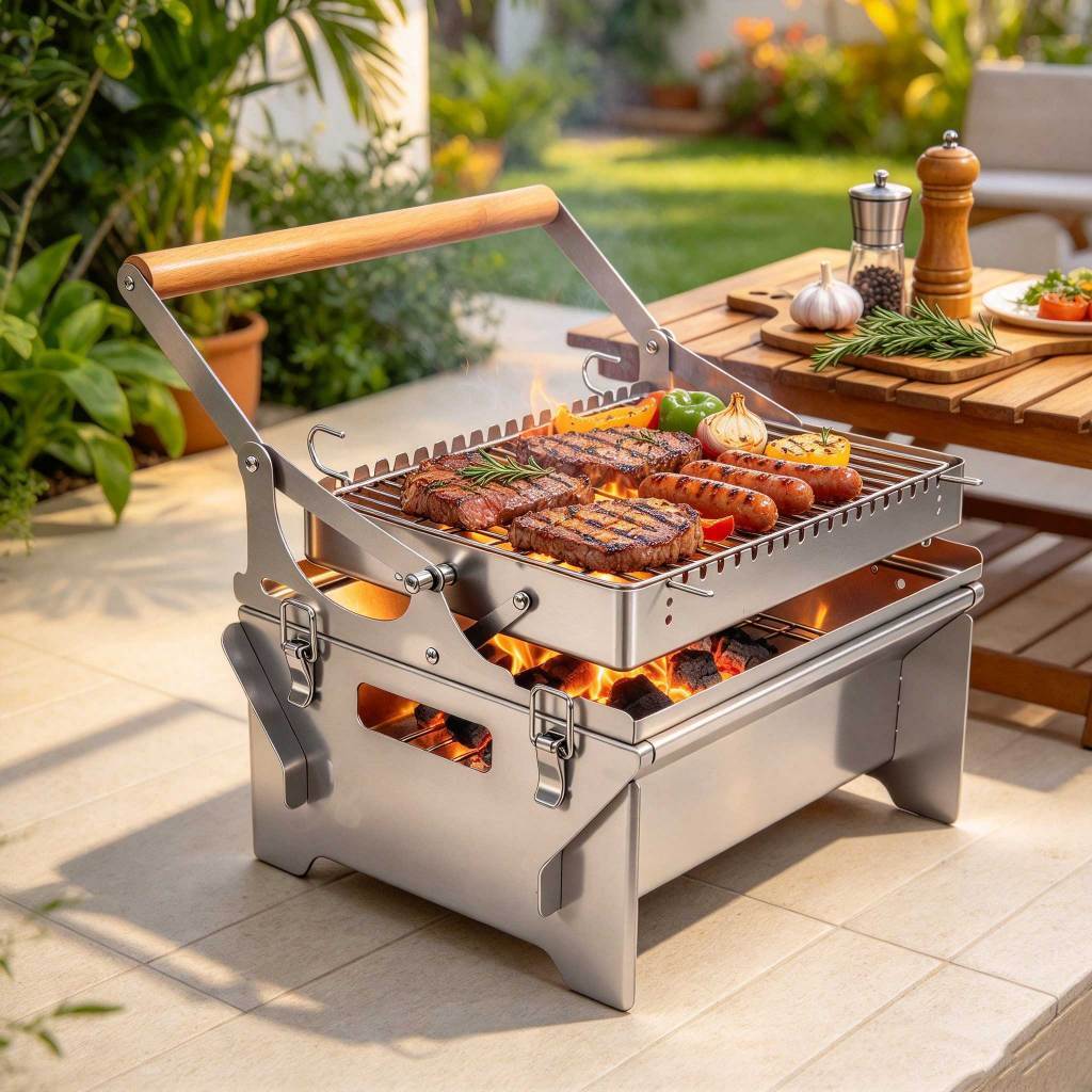 Churrasqueira portátil com grelha giratória de360°em aço inoxidável para quintal camping e cozinhar ao ar livre