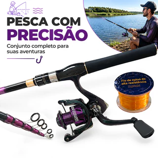 Kit Pesca Completo Vara + Molinete Spinning Roxo + Linha Nylon Resistente, Pronto para Pesca em Rio, Lago e Represa