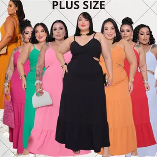 Vestido Feminino Longo Babado Duplo Plus Size Com Bojo Forrado Alça Fina Com Regulagem Duna Decote em Oferta na Shopee