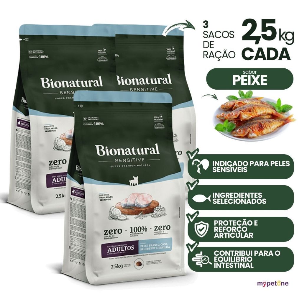 Kit 3 Ração Bionatural Sensitive Peixe Cães Pequenos 2,5kg | Shopee Brasil