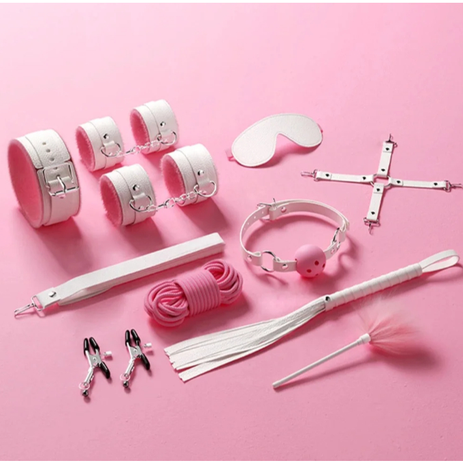 Kit Sado BDSM com 10 peças - Rosa Com Branco