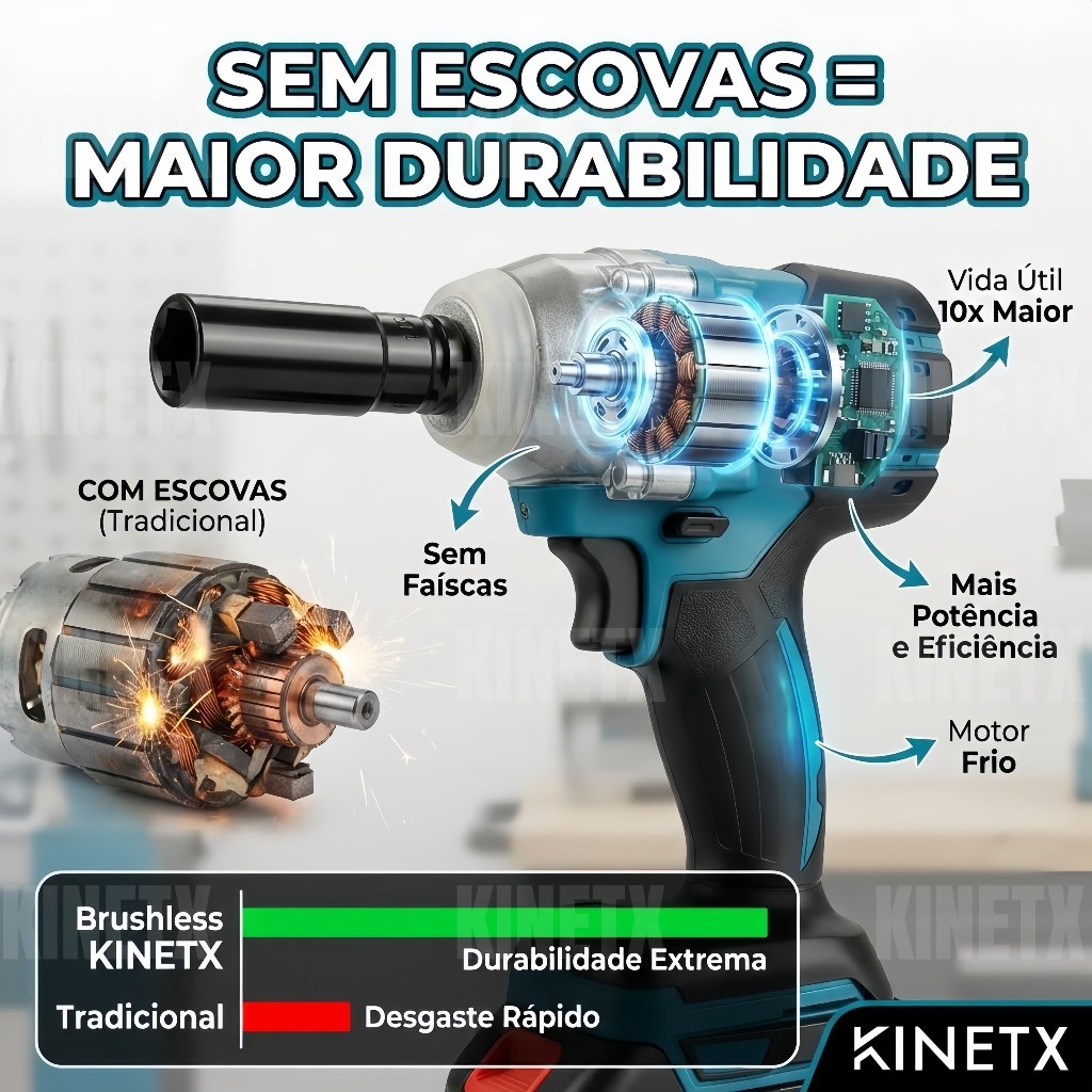 KINETX 3in1 Chave de Impacto Sem Escova 68VF 300Nm 2 Baterias 17mm
