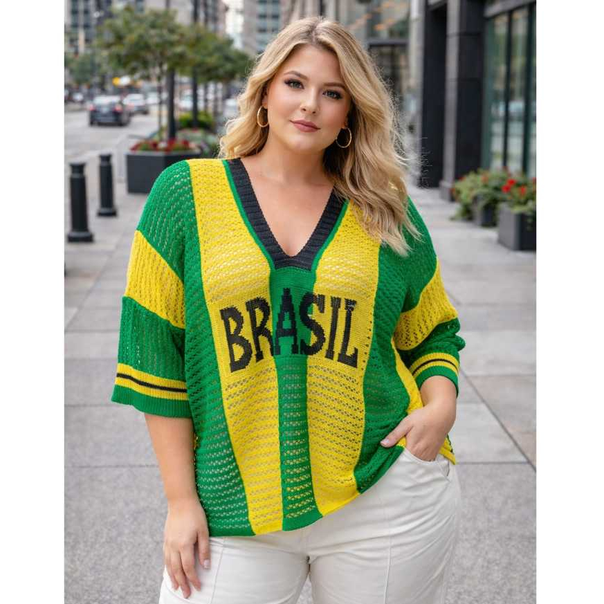 Blusa Brasil Tricot Feminina Plus Size 44 ao 52 Tricô Vazado Verde Amarelo Moda Copa Estilosa em Oferta na Shopee