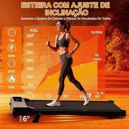 Esteira Elétrica Profissional Inclinável Silenciosa 120KG 6 Níveis de Inclinação Motor 2.5HP e Painel LED