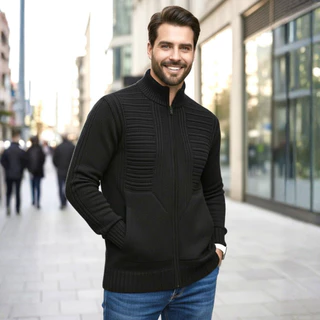 Jaqueta Masculina De Frio Blusa De Frio Preta Ziper Lã Grossa Tricot