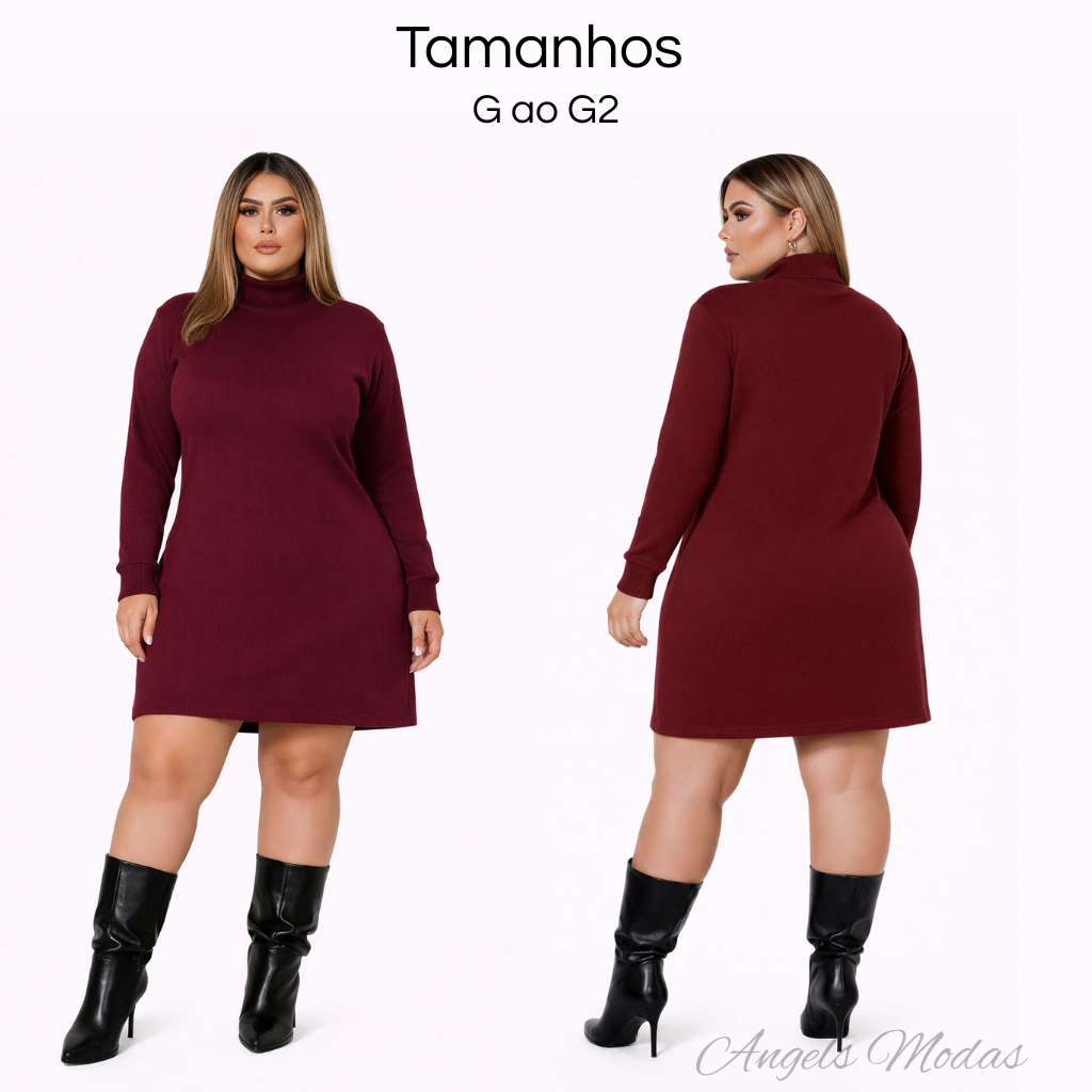 Vestido Feminino Plus Size Inverno Gola Alta Manga Longa Lãzinha ...