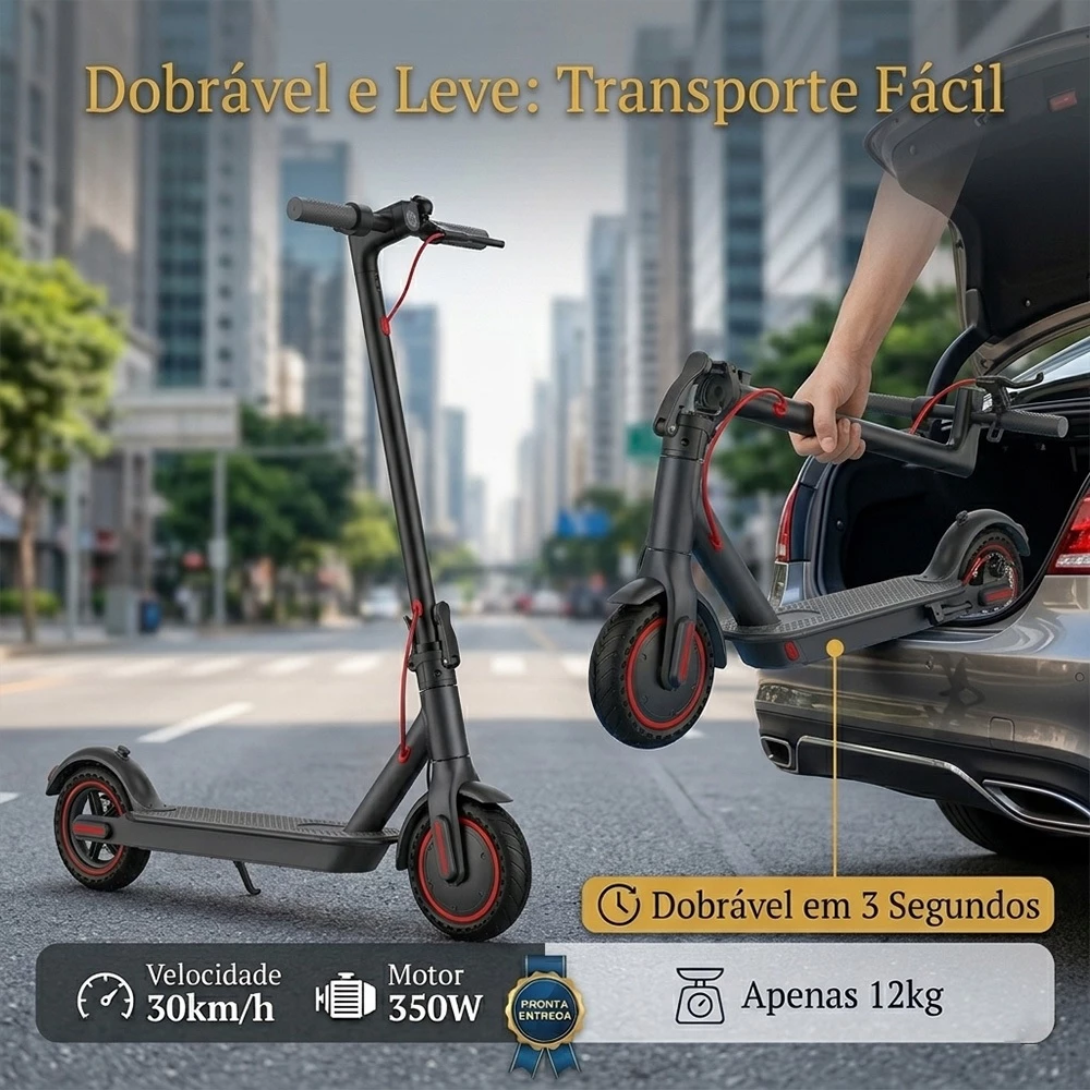Patinete elétrico Auxom Pro preto em pé e sendo dobrado para guardar no porta-malas de um carro, destacando sua leveza de 12kg e dobra em 3 segundos.