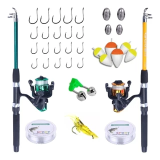 Kit Completo com 2 Vara Telescópica + 2 Molinete + linha + Acessórios Barato Pesca
