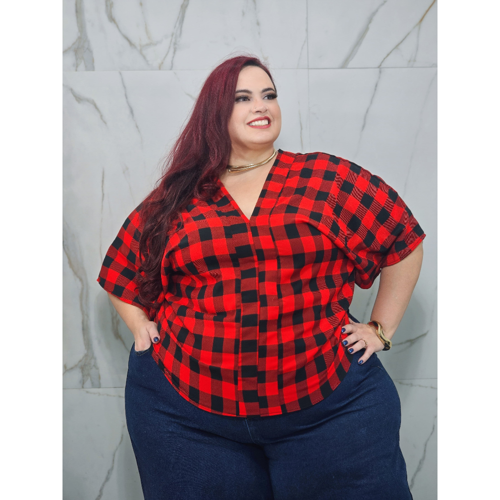 BLUSA PLUS SIZE XADREZ MANGA MORCEGO | Shopee Brasil