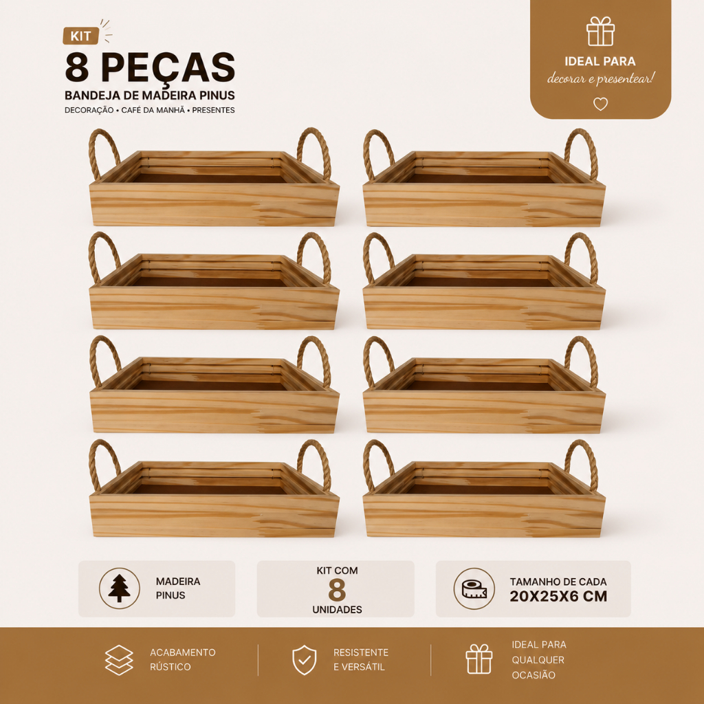 Kit Com 8 Cestas Bandeja Madeira Pinus bandeja para café da manha