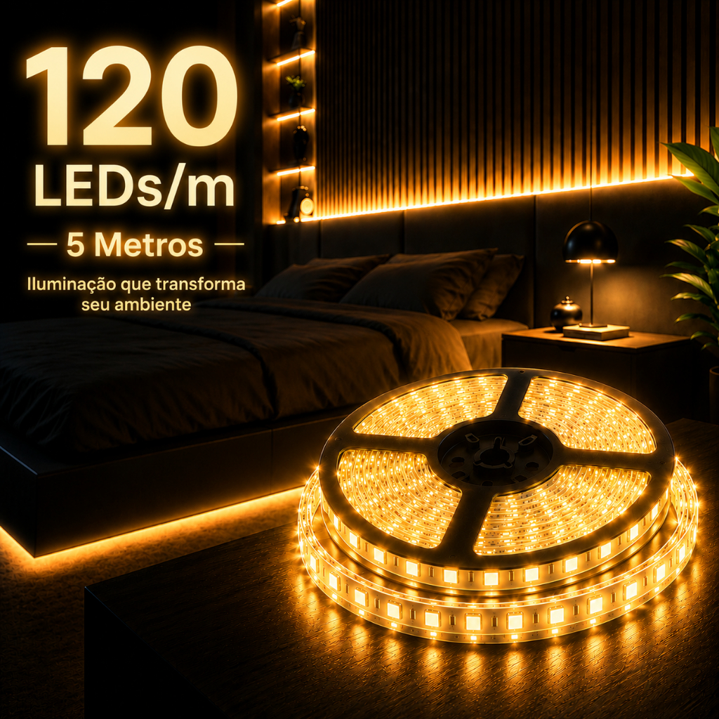 Fita LED 5m 600 LEDs Alto Brilho 12V Bivolt Autoadesiva Luz Fria Quente ...