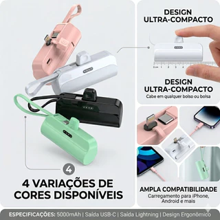 Power Bank 5000mAh Portátil Carregador Com Entrada Tipo-C e Lightning Compatível Android e iOS