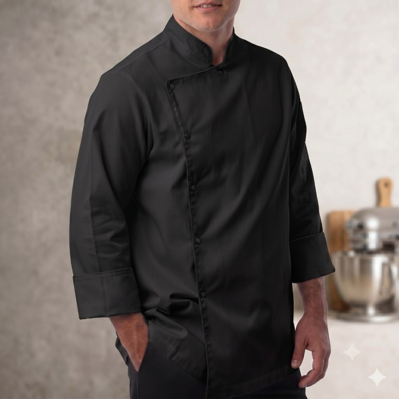 Dolmã Jaleco Chef Cozinha Oxford Preta Manga 3/8 Botão Press