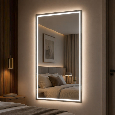 Espelho Retangular Grande Jateado 120x60cm com 3 Cores de LED Botão Touch Lapidado Luxo — foto 1 — Achou Levou Brasil