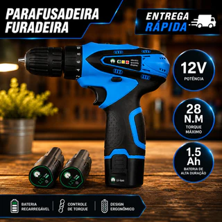 Parafusadeira Furadeira 12V 2 Baterias Sem Fio Com Maleta Bivolt 110V/220V 2 Velocidades