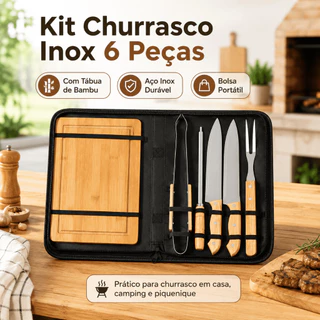 Kit Churrasco Tradicional Inox 6 Peças Com Tábua De Bambu Dourado