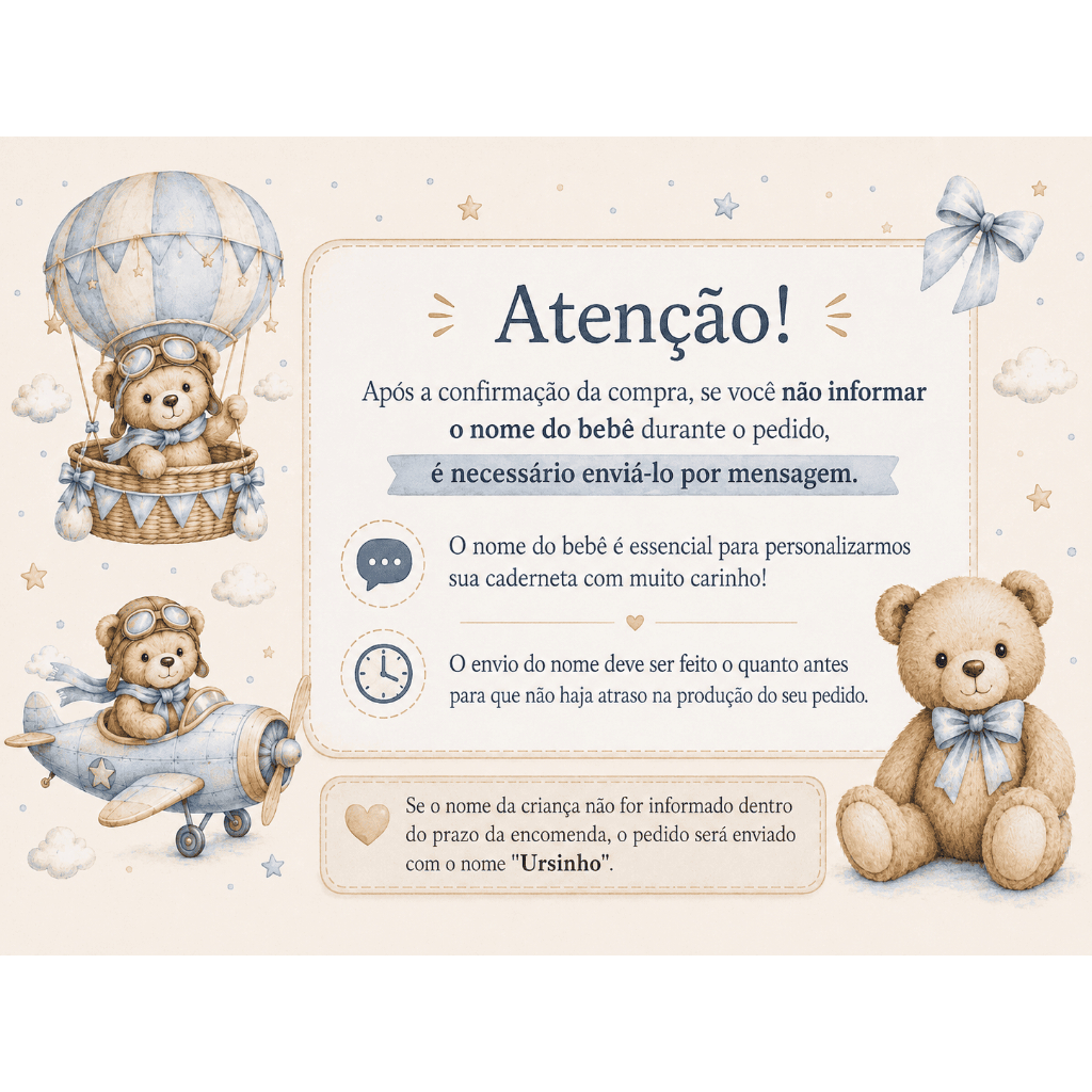 Caderneta de Vacinação do bebê Personalizada com Nome - Ursinho Baloeiro