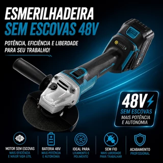 Esmerilhadeira Angular 48V Sem Fio, Alta Potência, 2 Baterias, Ideal para Reparos e Oficina