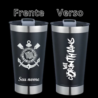 Copo Corinthians frente e Verso Inox Térmico Personalizado a laser Com Seu Nome Tampa E Abridor