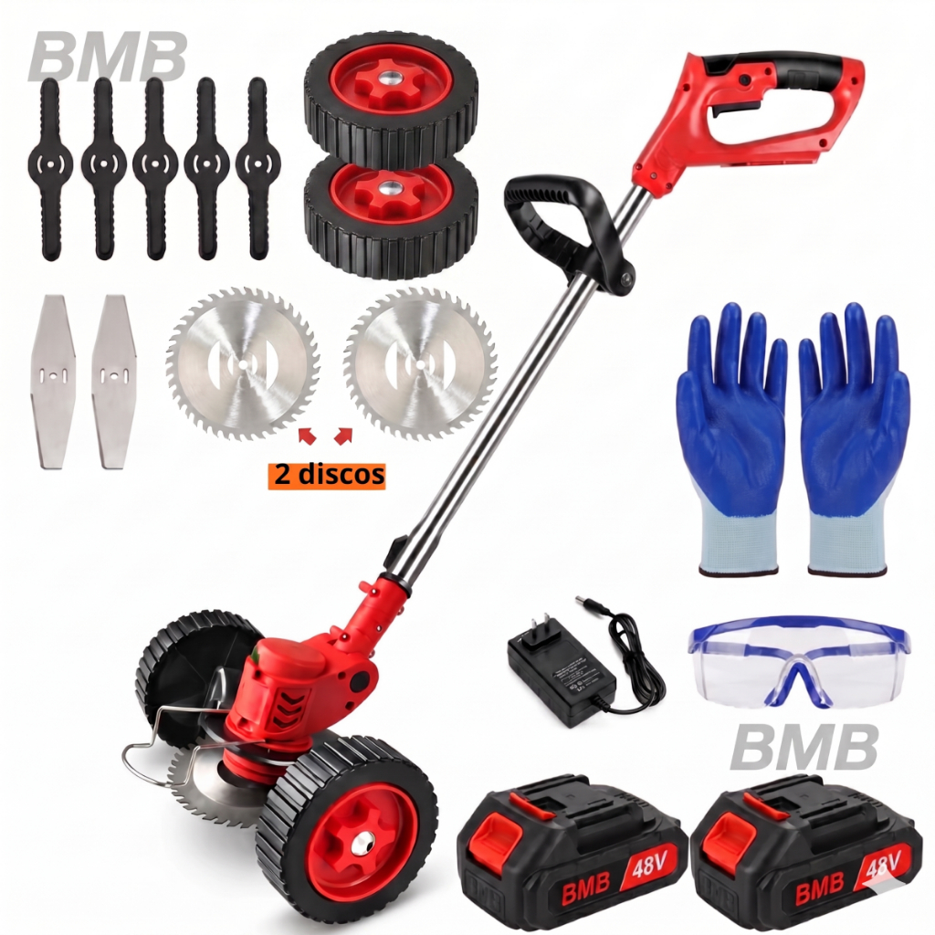 Roçadeira Aparador Cortador De Grama Elétrico Recarregável Com Rodas 2 Baterias de Lítio kit completo
