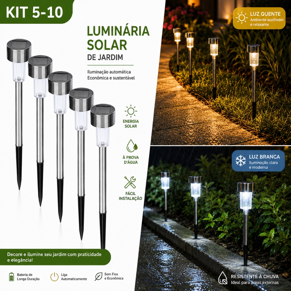 Kit 5/10 Luminárias Solares LED de Espeto para Jardim Caminho Gramado Luz Quente ou Fria