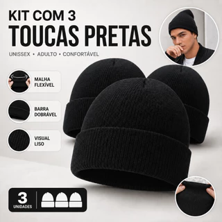 Kit com 3 Gorros Pretos Touca de Frio Adulto Unissex Básica Lisa com Barra Dobrável
