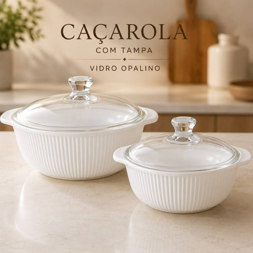 CaçarolaTigela com Tampa Vidro Opalino Wolff 1L e 1,5L Branca Alto Relevo Canelado Servir Mesa Posta e Armazenar