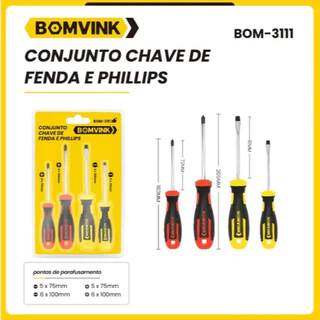 KIT JOGO DE CHAVES FENDA E PHILLIPS 4 PEÇAS CABO EMBORRACHADO BOM-3111