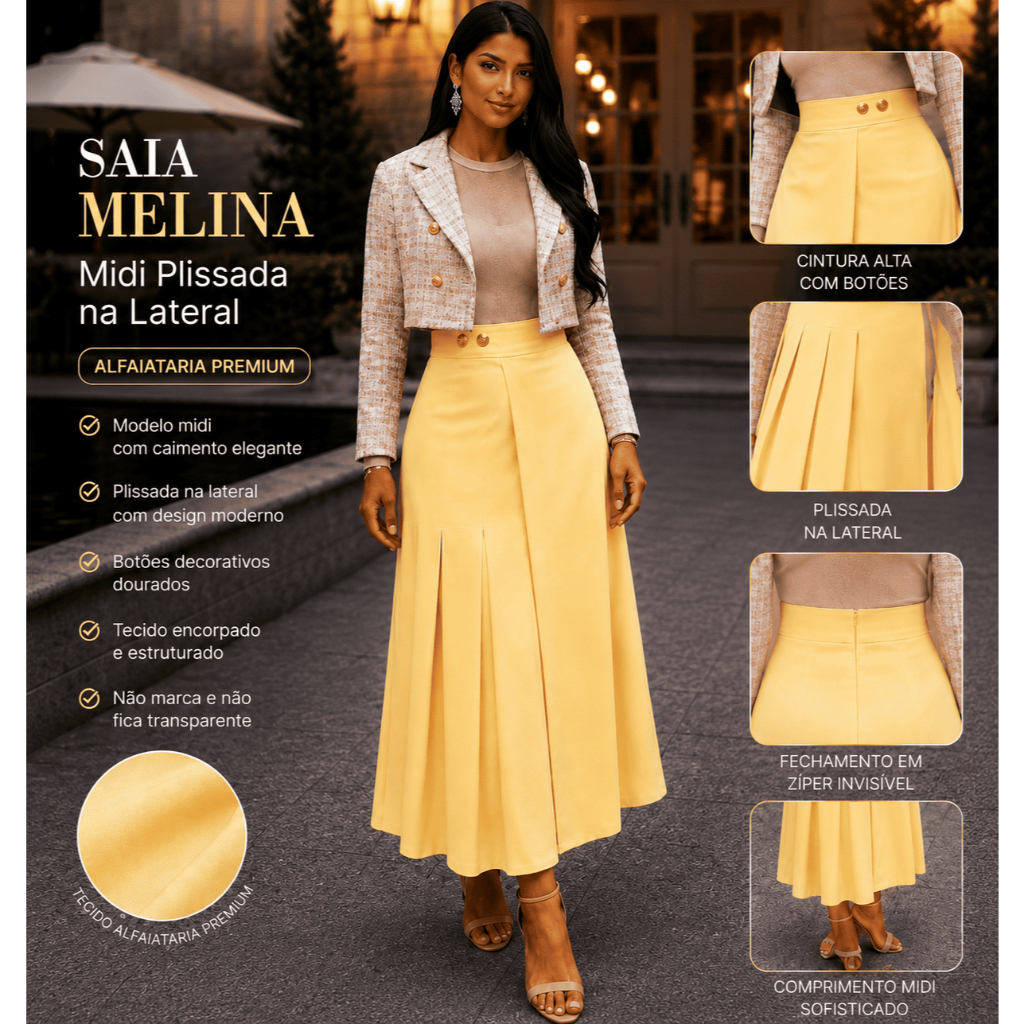 Saia Melina midi plissada em tecido Marrant