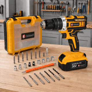 Parafusadeira e Furadeira de Impacto Profissional 36V Sem Fio Mandril 13mm Nakasaki Com Maleta