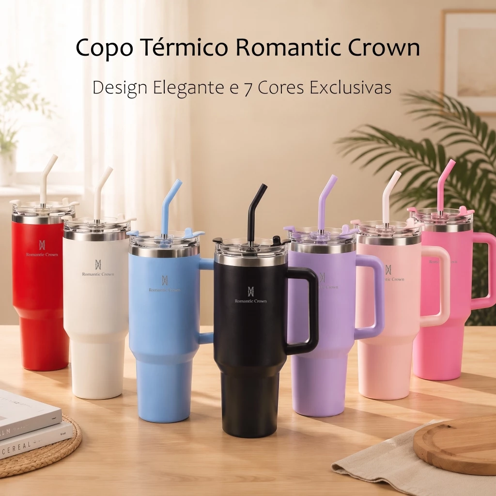 ROMANTIC CROWN Copo Térmico Inox Portátil 1200ml/600ml/1.2L Garrafa Térmica Inoxidável com Tampa e Canudo