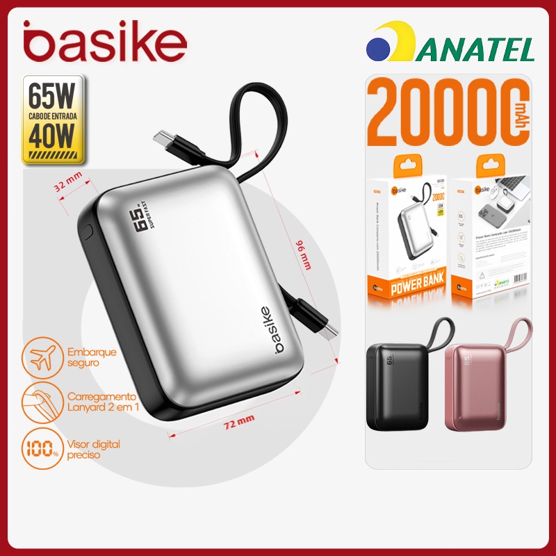Basike Power Bank Turbo 20000mAh 65W TurboCharge，Carregador