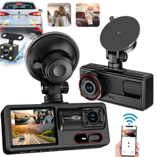 Câmera Veicular Wifi Automotiva 3 Lentes Interna Externa + Ré Gsensor Gravação Loop Sensor Movimento Aplicativo Celular