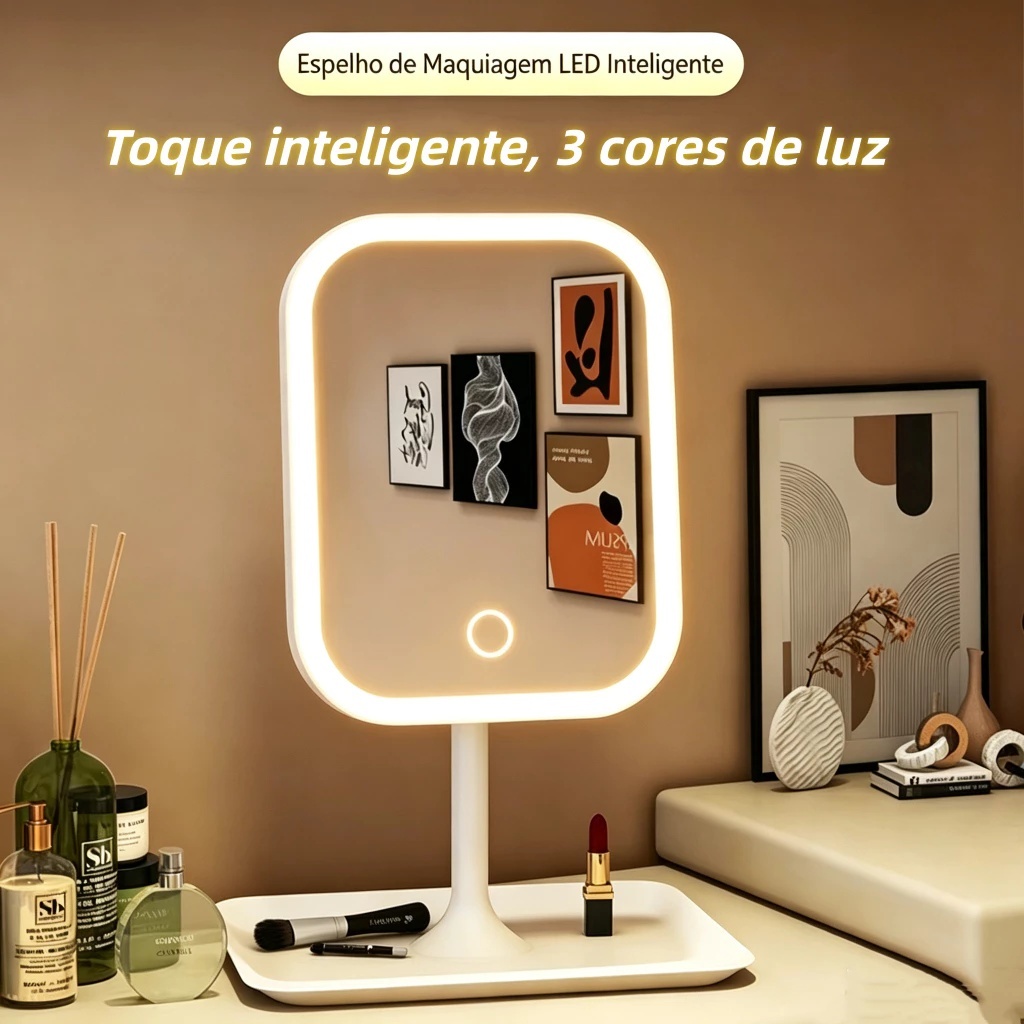 Espelho de Maquiagem LED com Luz 3 Tons Cor Recarregável USB Touch Mesa com Bandeja