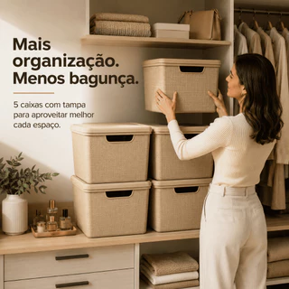 Kit 5 Caixas Organizadora com Tampa 22 Litros em Plástico Resistente