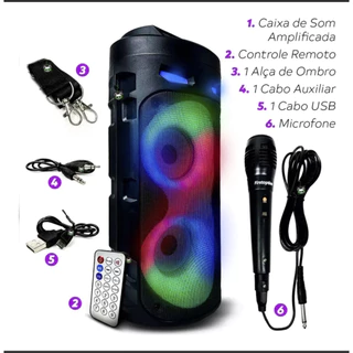 Caixa de Som Bluetooth Usb Portátil Sd Auxiliar Microfone Led Rgb Radio Fm Karaoke Subwoofer Bateria