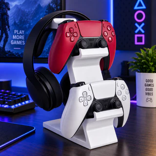 Suporte Gamer Para 2 Controles PS5 PS4 e Headset Porta Controle Organizador de Mesa Fone
