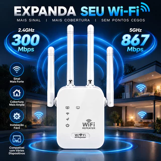 Repetidor WiFi 1200Mbps 2.4/5.8G 4 Antenas Sinal Forte Atravessa Paredes Plug Play Stream 4K Jogos Modo AP Plug Europeu