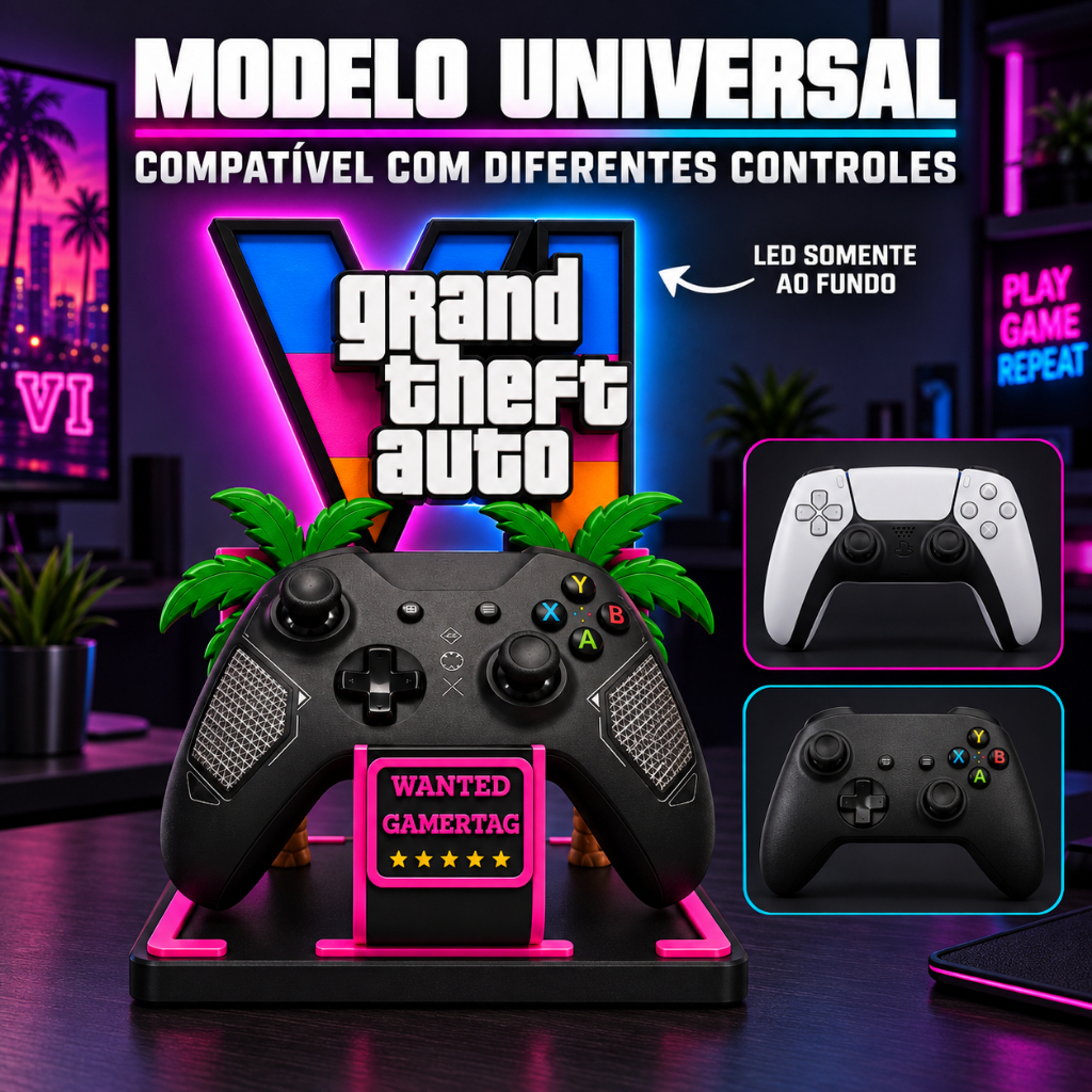 Suporte para Controle GTA VI com Suporte para Fone – Porta Controle Gamer – Decoração para Setup