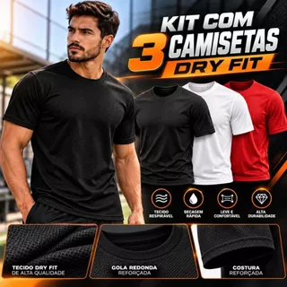 Kit com 3 Camisetas Dry Fit Masculina Manga Curta Tecido Respirável Secagem Rápida