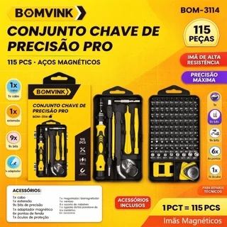 Conjunto Chave de Precisão Pro BOM-3114 115 Peças Magnético Kit Reparo Celular Notebook Console