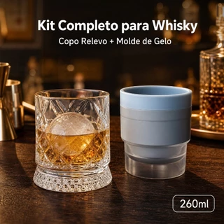 Conjunto Copo de Whisky 260ml Gravado Losango + Molde de Bola de Gelo Giratório XZB