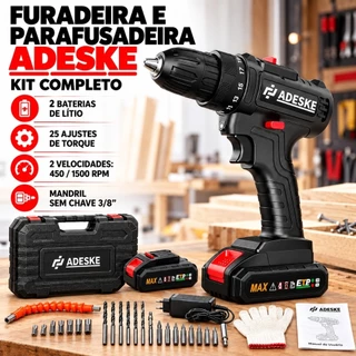 Furadeira Parafusadeira ADESKE Bateria Lítio 2 Velocidades 25 Torque Kit Completo com Maleta Brocas 🛠️