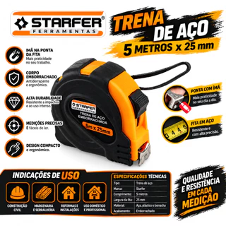 Trena de Aço Emborrachada com Imã 5m x 25mm Starfer – Resistente e Precisa