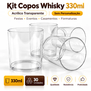 Kit 30 Copos Whisky 330ml Acrílico SEM PERSONALIZAÇÃO Transparente para Festas Eventos Casamentos Formaturas