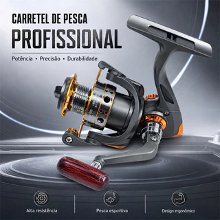 Molinete de Pesca Profissional Carretel de Alumínio Manopla de Madeira, Modelos 1000 a 4000, Água Doce e Salgada