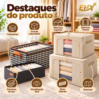 Caixa Organizadora de Guarda-Roupa, Organizador Multiuso 7 Divisórias, com Zíper e Armação 24L/66L