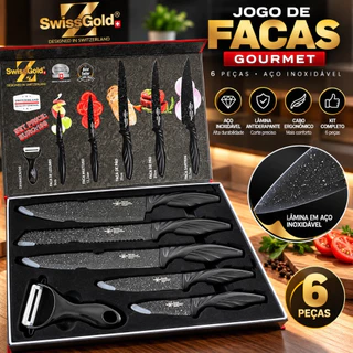 Jogo De Facas Gourmet Cozinha Moderna Cabo Cor Preto Laminas Aço Inoxidável 6pçs Cor Preto
