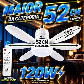 Ventilador Lâmpada de led 2 em 1 com 120w de potencia e 52 Centímetro bivolt com controle remoto