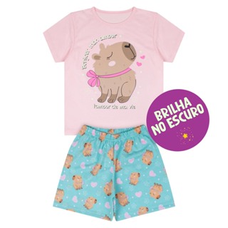 Pijama Infantil Menina Capivara Rosa Brilha no Escuro Conjunto Verão Manga Curta Tam 3 ao 14 Alemara em Oferta na Shopee